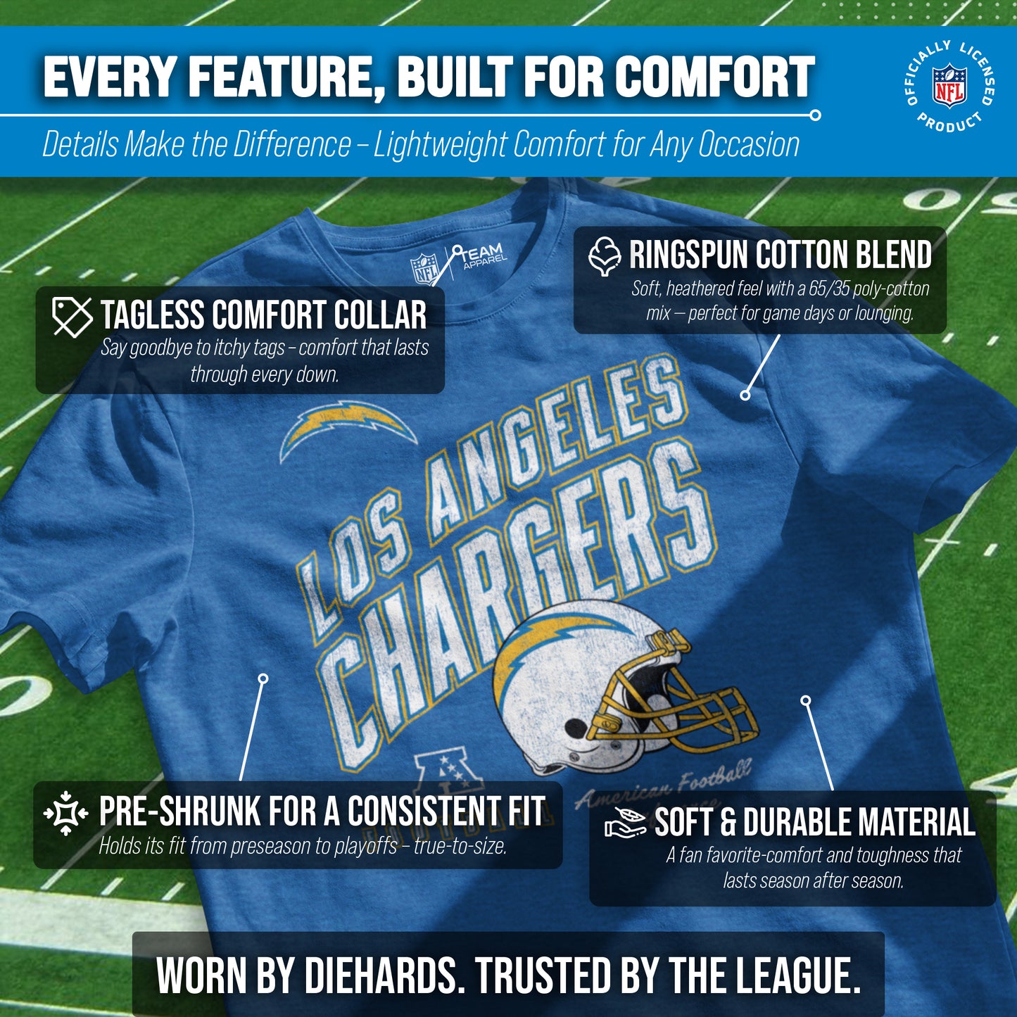 Los Angeles Chargers NFL Adult Distressed Helmet Tag-Less T-Shirt - Royal Heather