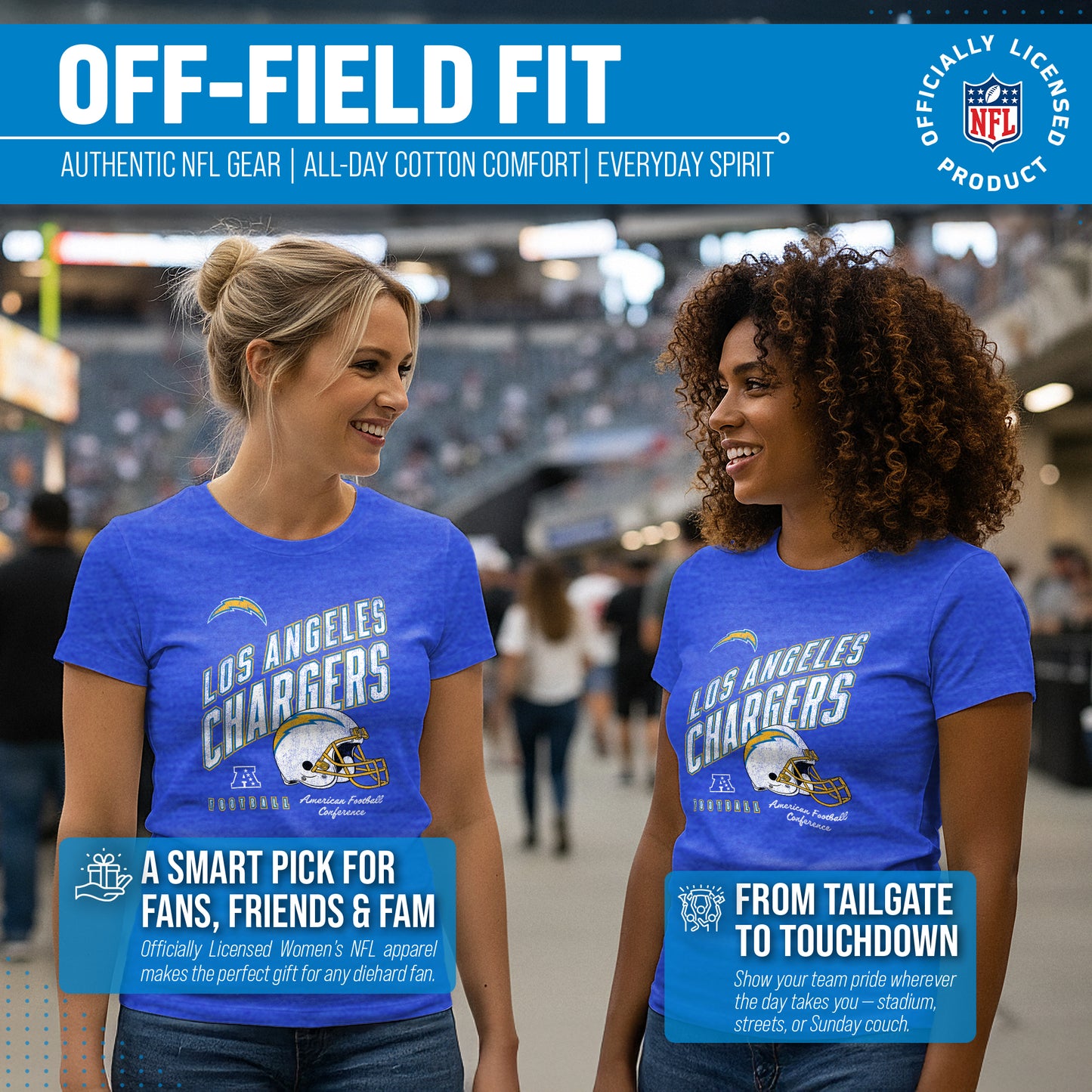 Los Angeles Chargers NFL Womens Distressed Helmet Tag-Less Soft T-Shirt - Royal Heather
