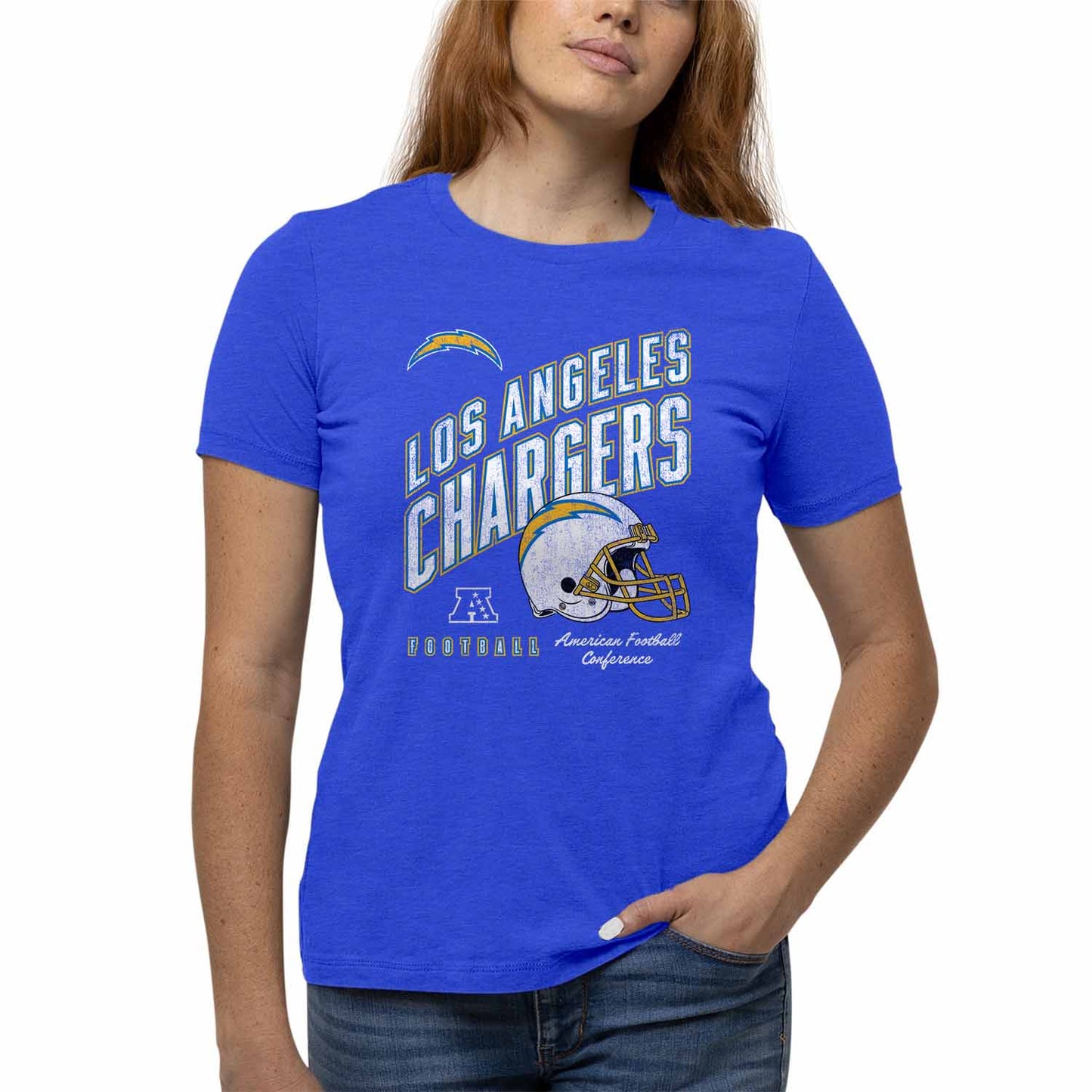 Los Angeles Chargers NFL Womens Distressed Helmet Tag-Less Soft T-Shirt - Royal Heather