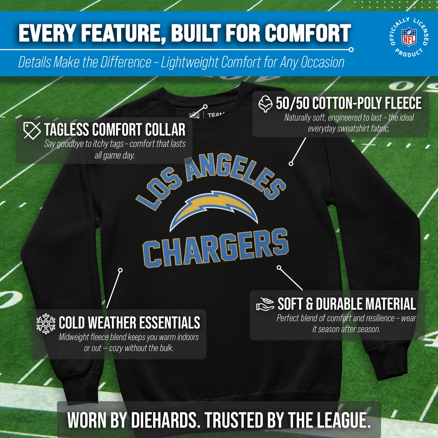 Los Angeles Chargers NFL Adult Gameday Football Crewneck Sweatshirt - Black