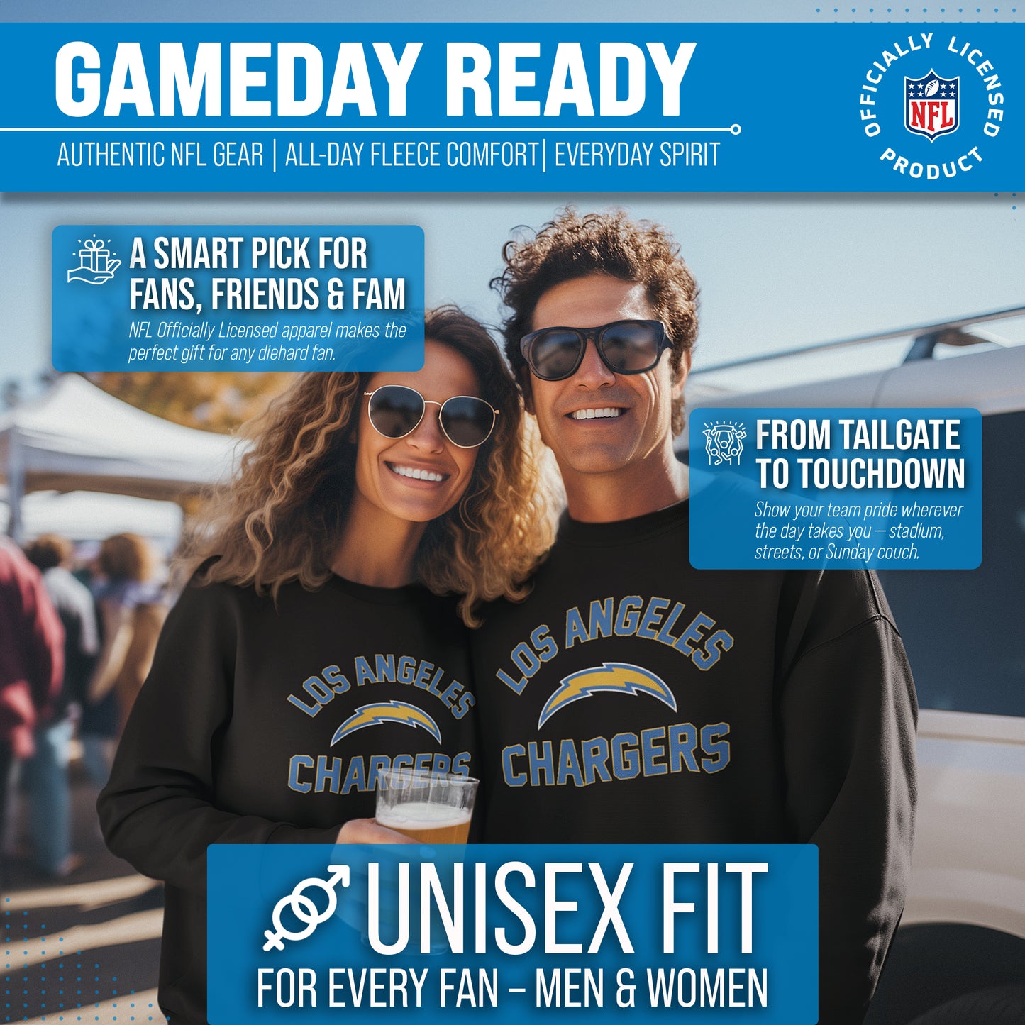 Los Angeles Chargers NFL Adult Gameday Football Crewneck Sweatshirt - Black