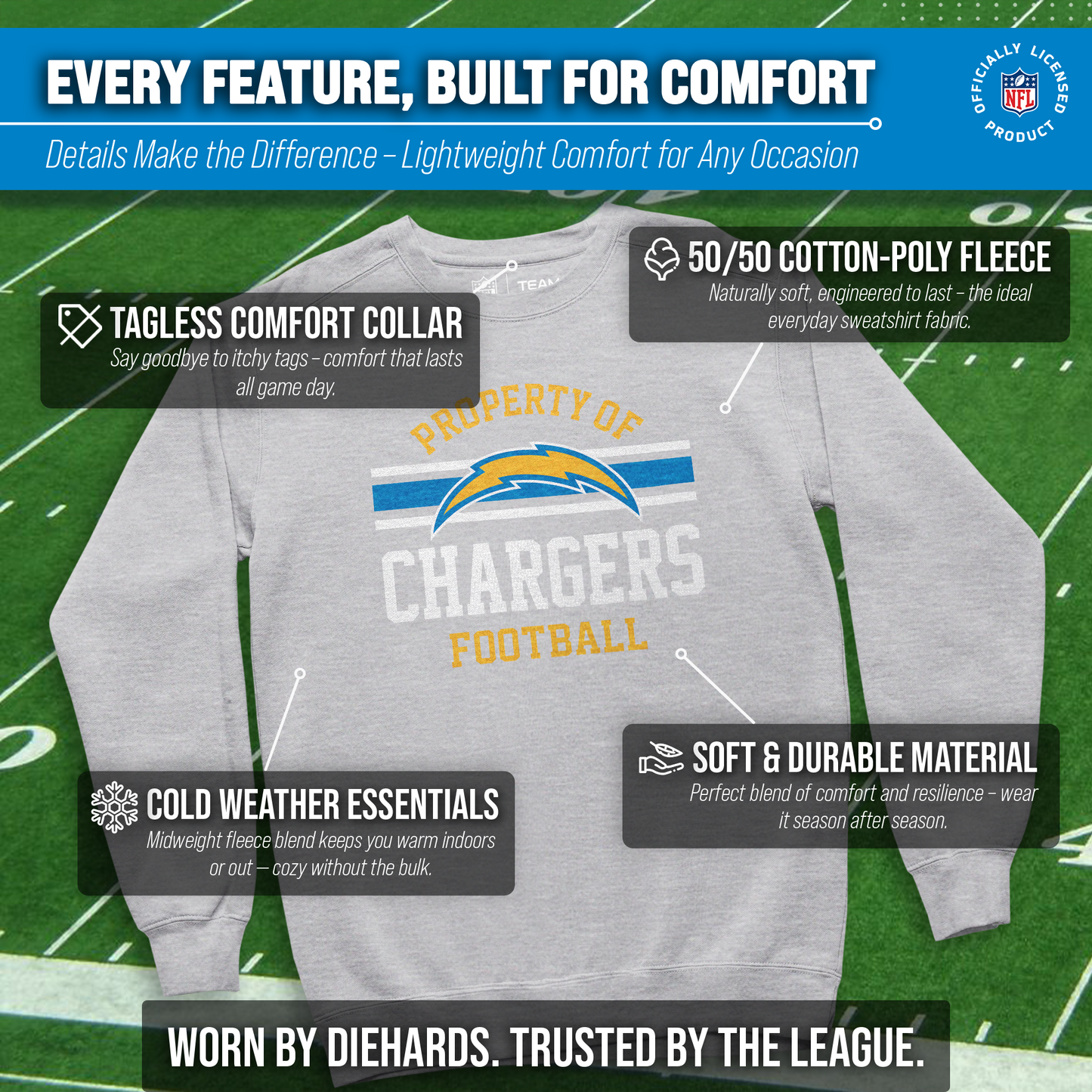 Los Angeles Chargers NFL Adult Property Of Crewneck Fleece Sweatshirt - Sport Gray