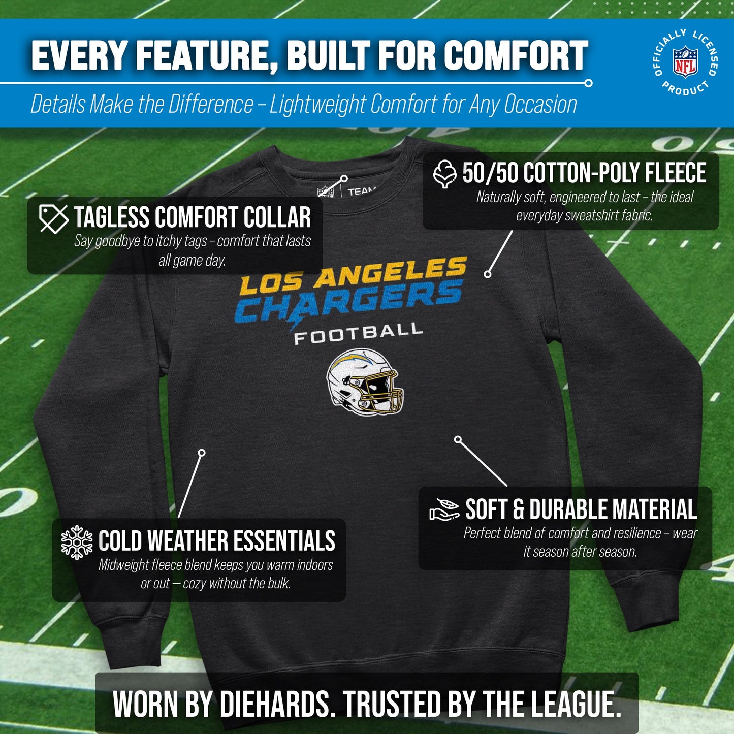 Los Angeles Chargers Adult NFL Football Helmet Heather Crewneck Sweatshirt - Charcoal