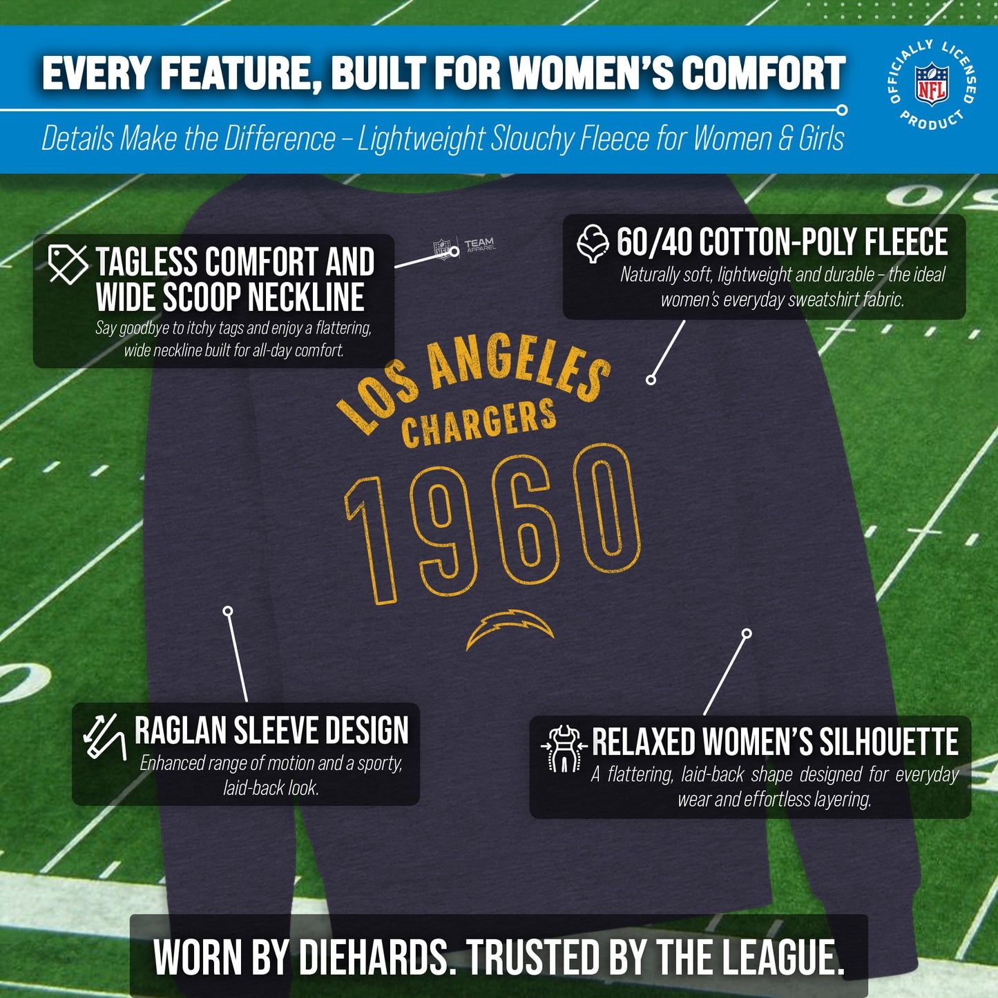 Los Angeles Chargers NFL Womens Big Date French Terry Slouchy Top - Navy Heather