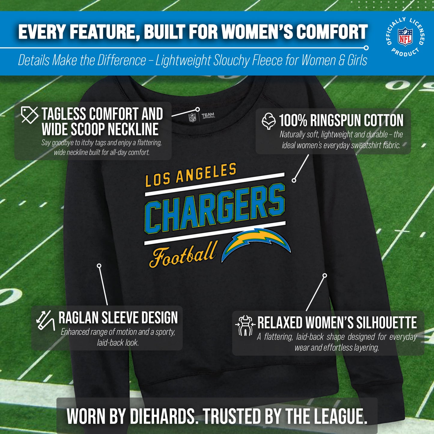 Los Angeles Chargers  Women's Gameday Crewneck Sweatshirt Long Sleeve - Black
