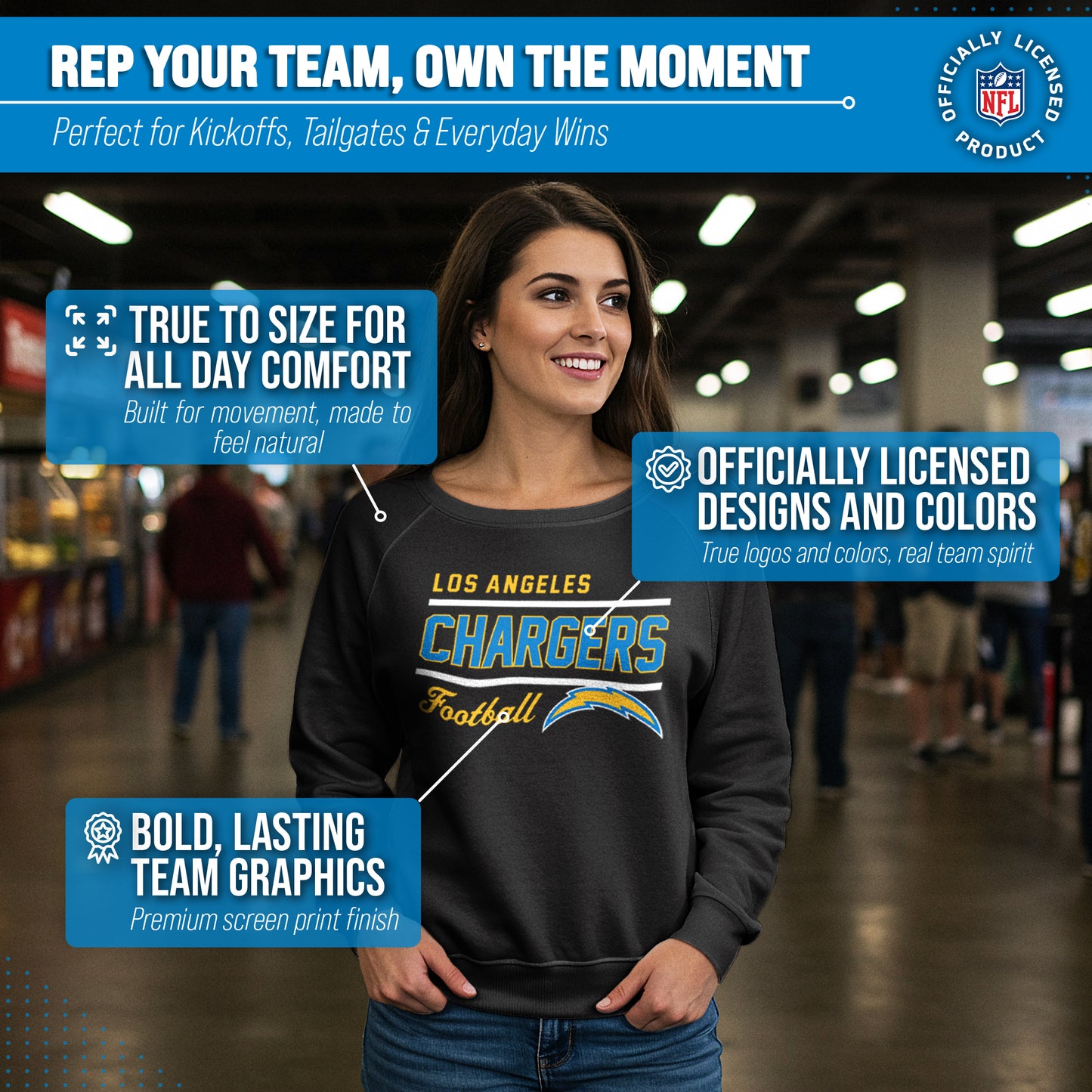 Los Angeles Chargers  Women's Gameday Crewneck Sweatshirt Long Sleeve - Black