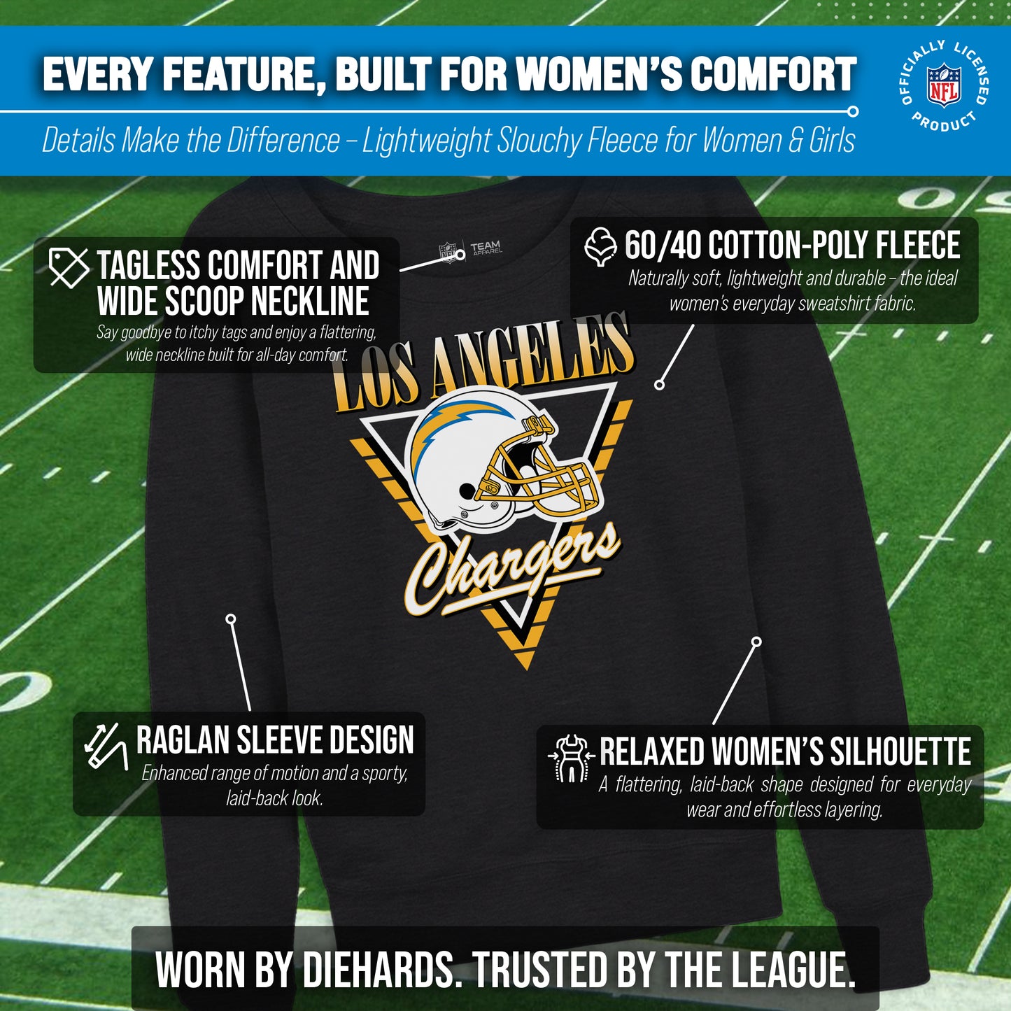 Los Angeles Chargers NFL Womens Retro Triangle French Terry Slouchy Top- Raglan Sleeves - Heather Charcoal