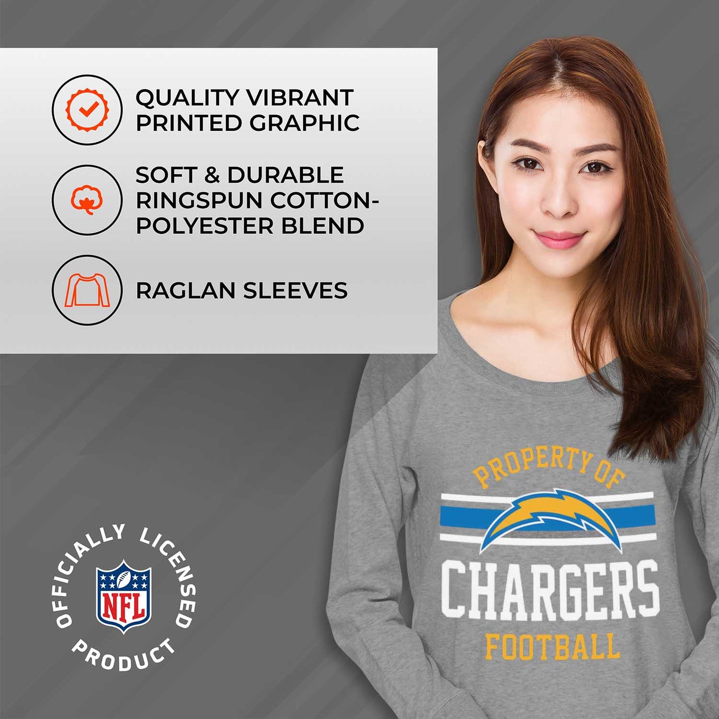 Los Angeles Chargers NFL Womens Property of Lighweight Crew Neck - Sport Gray