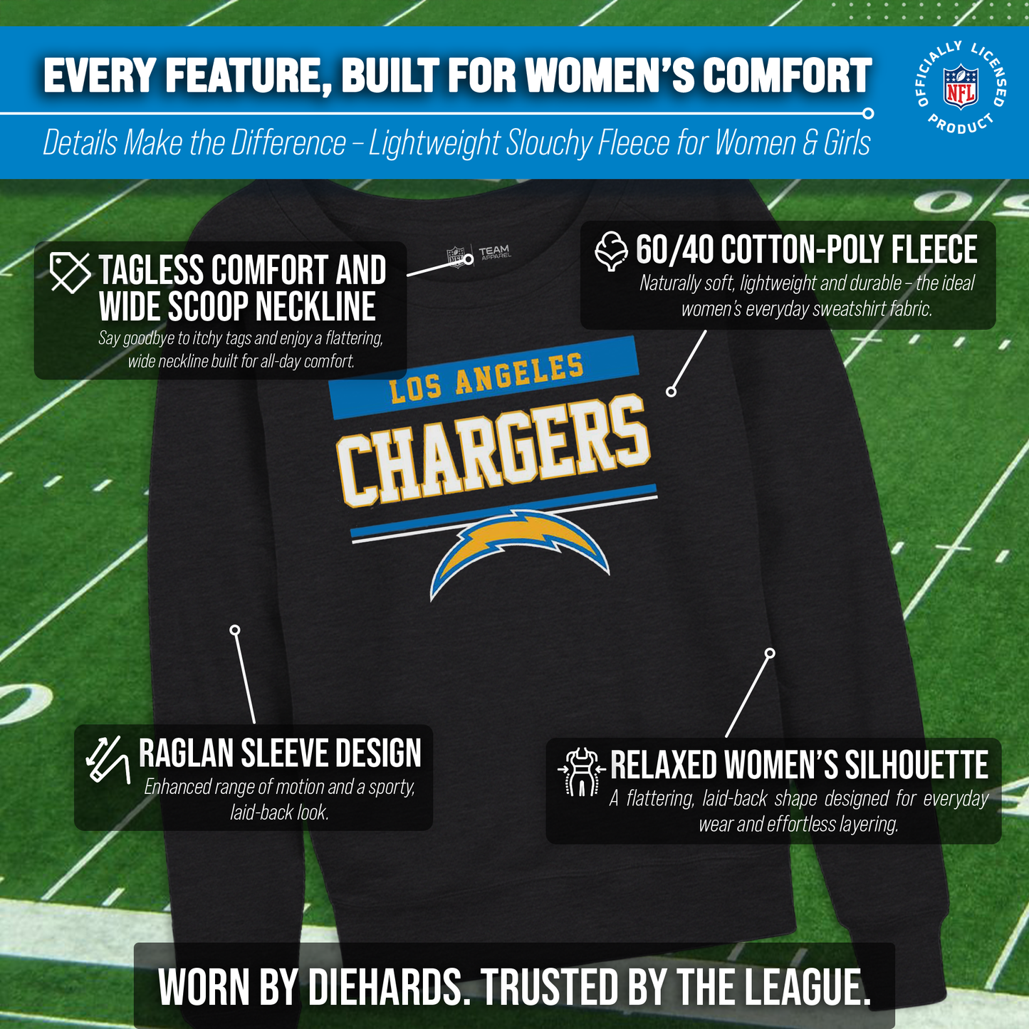 Los Angeles Chargers NFL Womens Team Block French Terry Slouchy Top - Charcoal