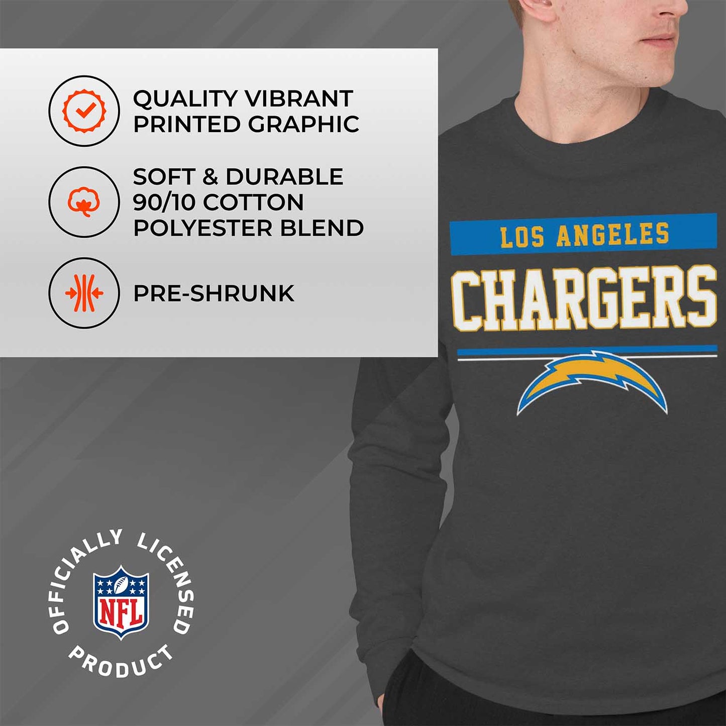 Los Angeles Chargers NFL Adult Charcoal Long Sleeve T Shirt - Charcoal