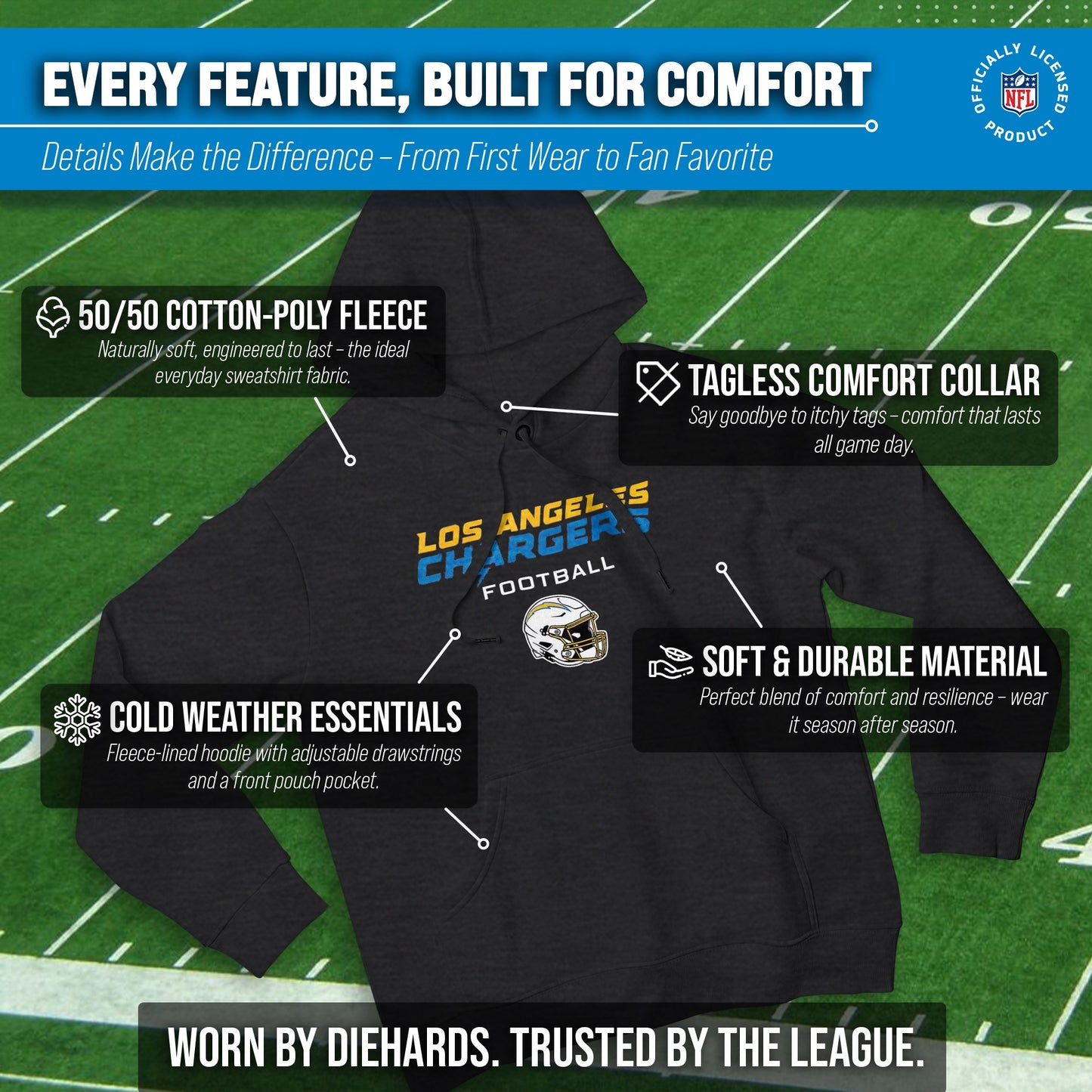 Los Angeles Chargers Adult NFL Football Helmet Heather Hooded Sweatshirt  - Charcoal