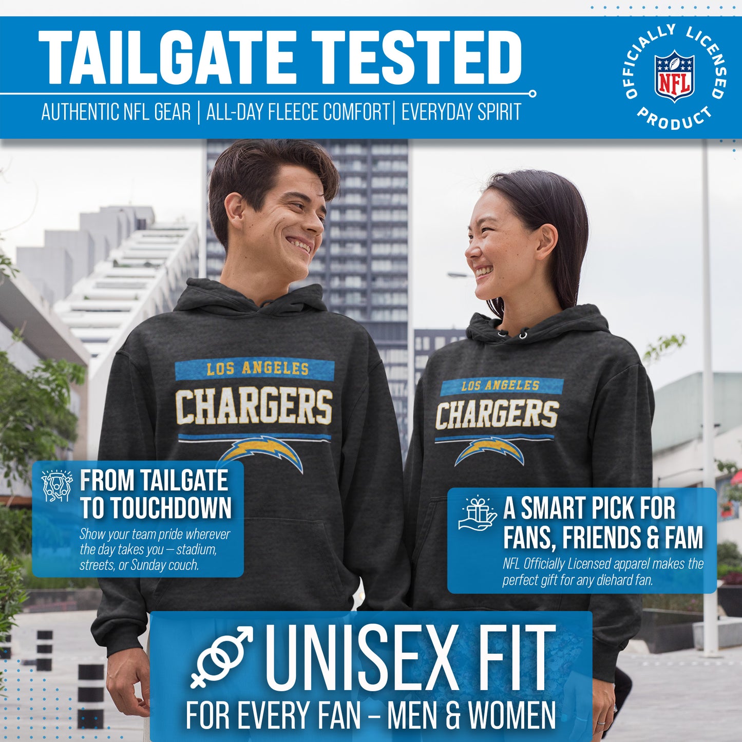Los Angeles Chargers NFL Adult Gameday Charcoal Hooded Sweatshirt - Charcoal
