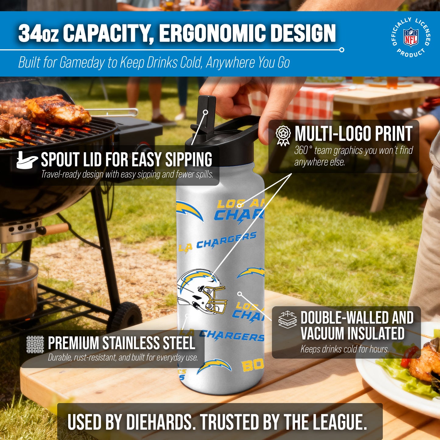 Los Angeles Chargers NFL 34oz Quencher Stainless Steel Insulated Water Bottle - White