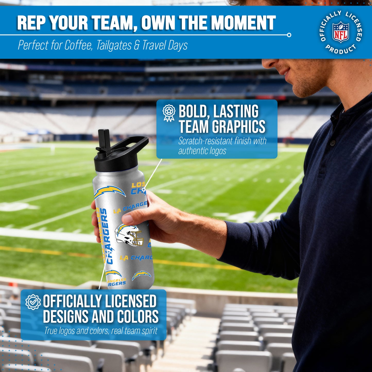 Los Angeles Chargers NFL 34oz Quencher Stainless Steel Insulated Water Bottle - White