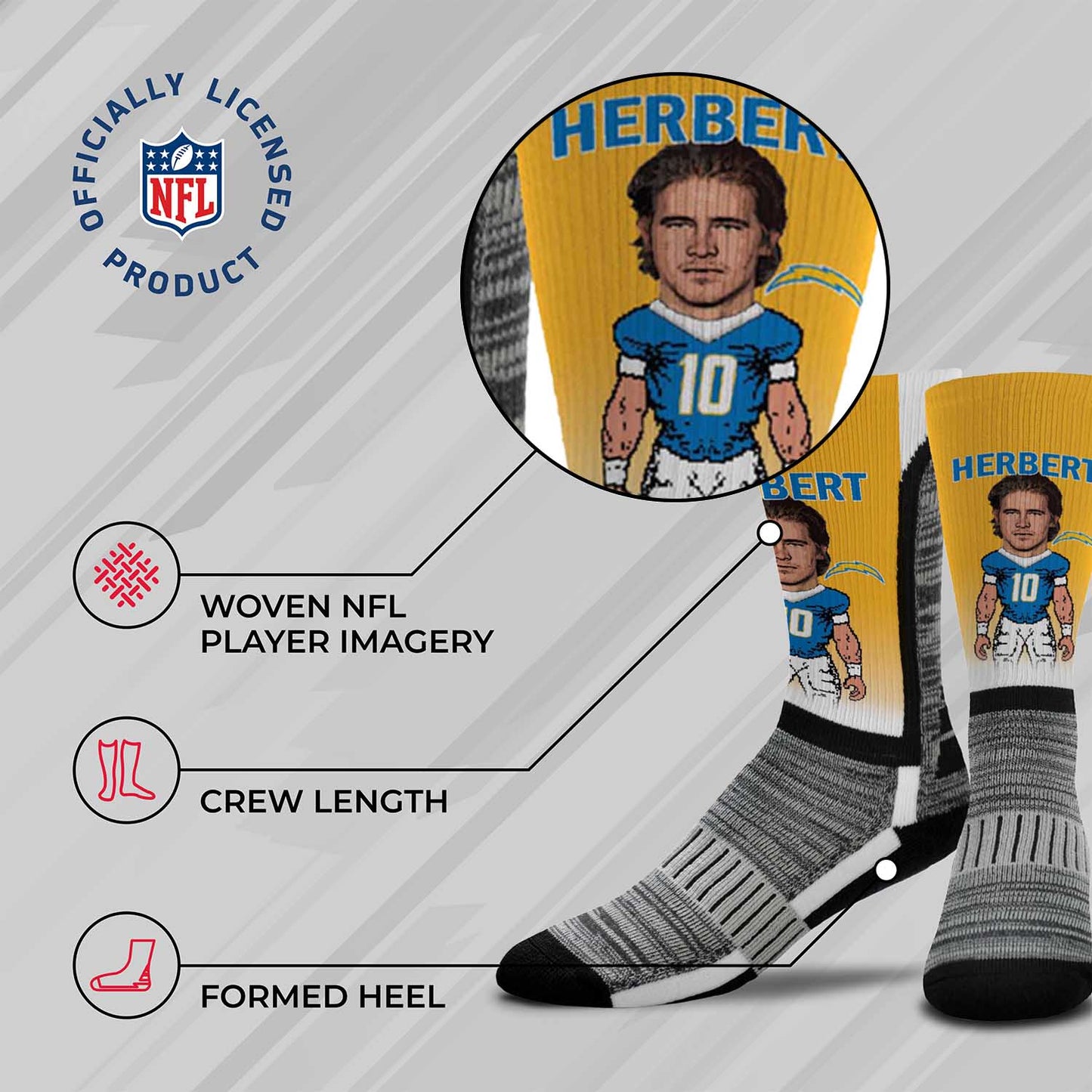 Los Angeles Chargers NFL Adult V Curve MVP Player Crew Socks - Gold #10