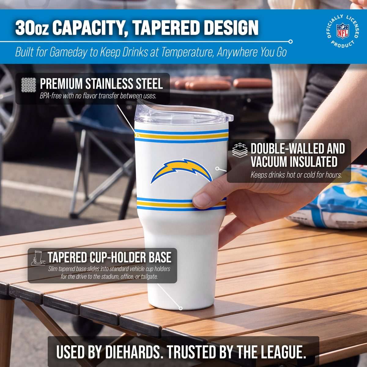 Los Angeles Chargers  30 oz Stripe Powder Coat Tumbler | NFL Stainless - White