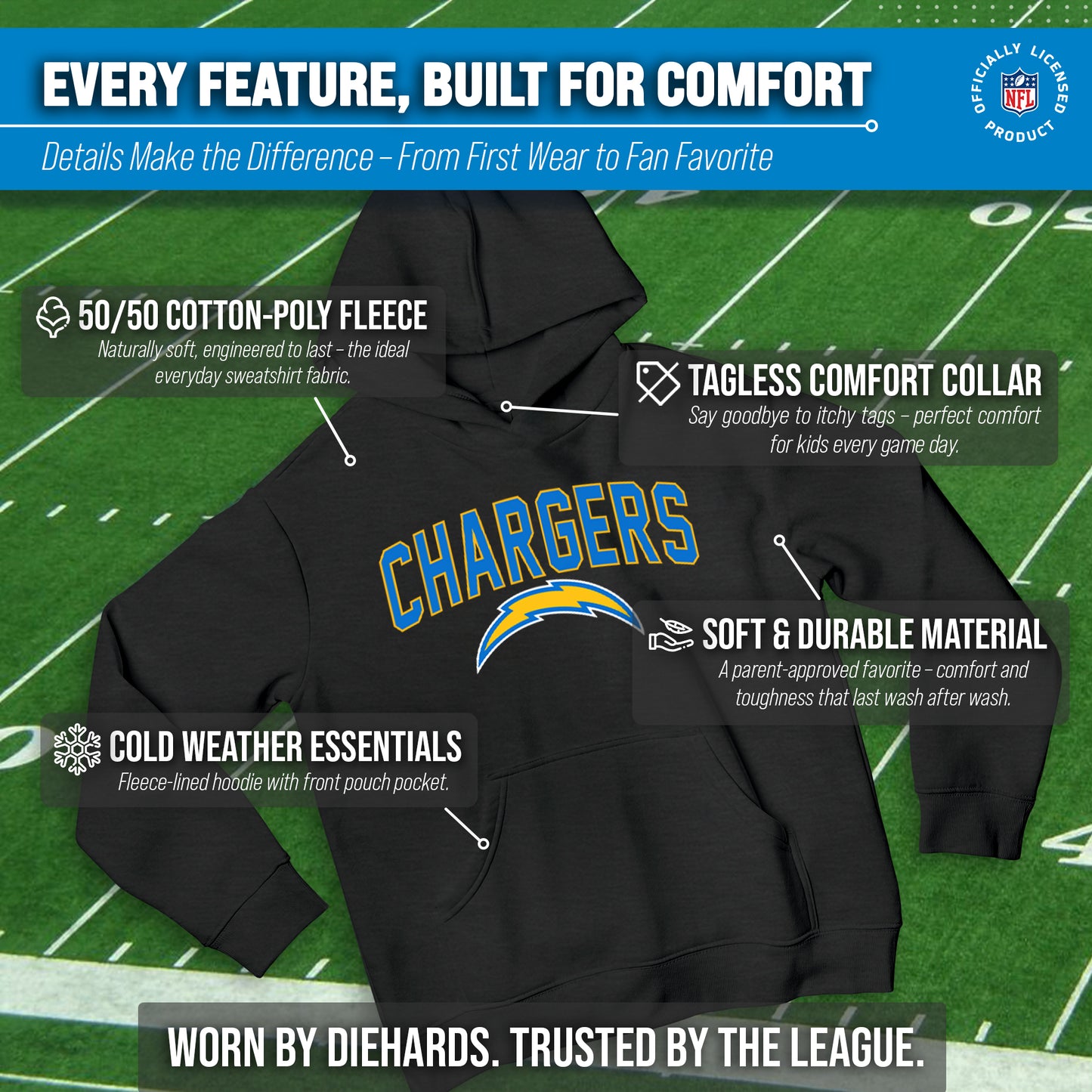 Los Angeles Chargers NFL Youth Home Team Hoodie- Kids Hooded Sweatshirt - Black