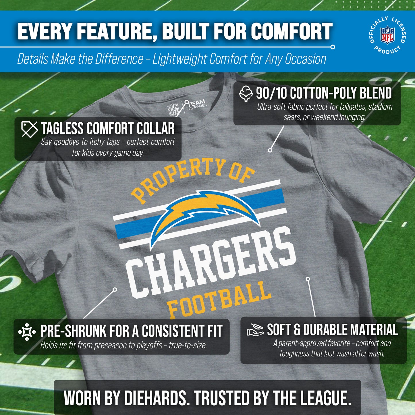 Los Angeles Chargers NFL Youth Property Of Short Sleeve Lightweight T Shirt - Sport Gray