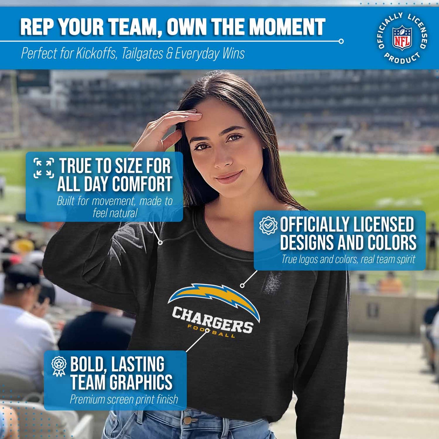 Los Angeles Chargers NFL Womens Ultimate Fan French Terry Slouchy Top- Raglan Sleeves - Charcoal