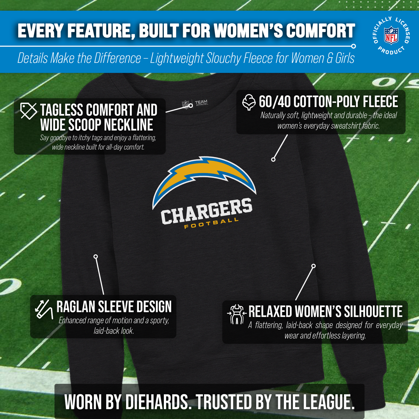 Los Angeles Chargers NFL Womens Ultimate Fan French Terry Slouchy Top- Raglan Sleeves - Charcoal