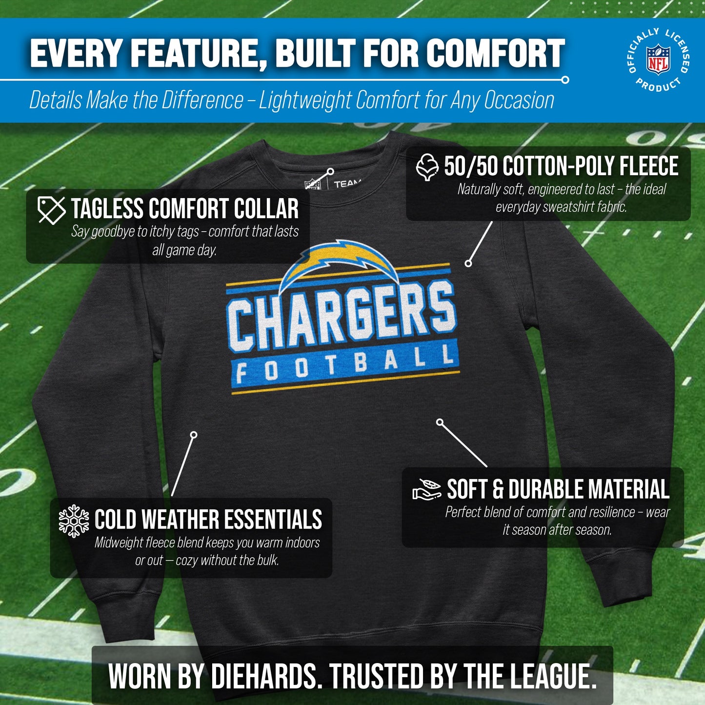 Los Angeles Chargers NFL Adult True Fan Crewneck Sweatshirt - Charcoal