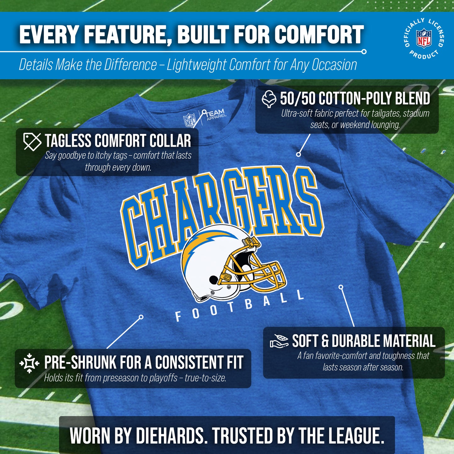 Los Angeles Chargers NFL Adult All Star Heather Tag-Less T-Shirt - Blue Heather