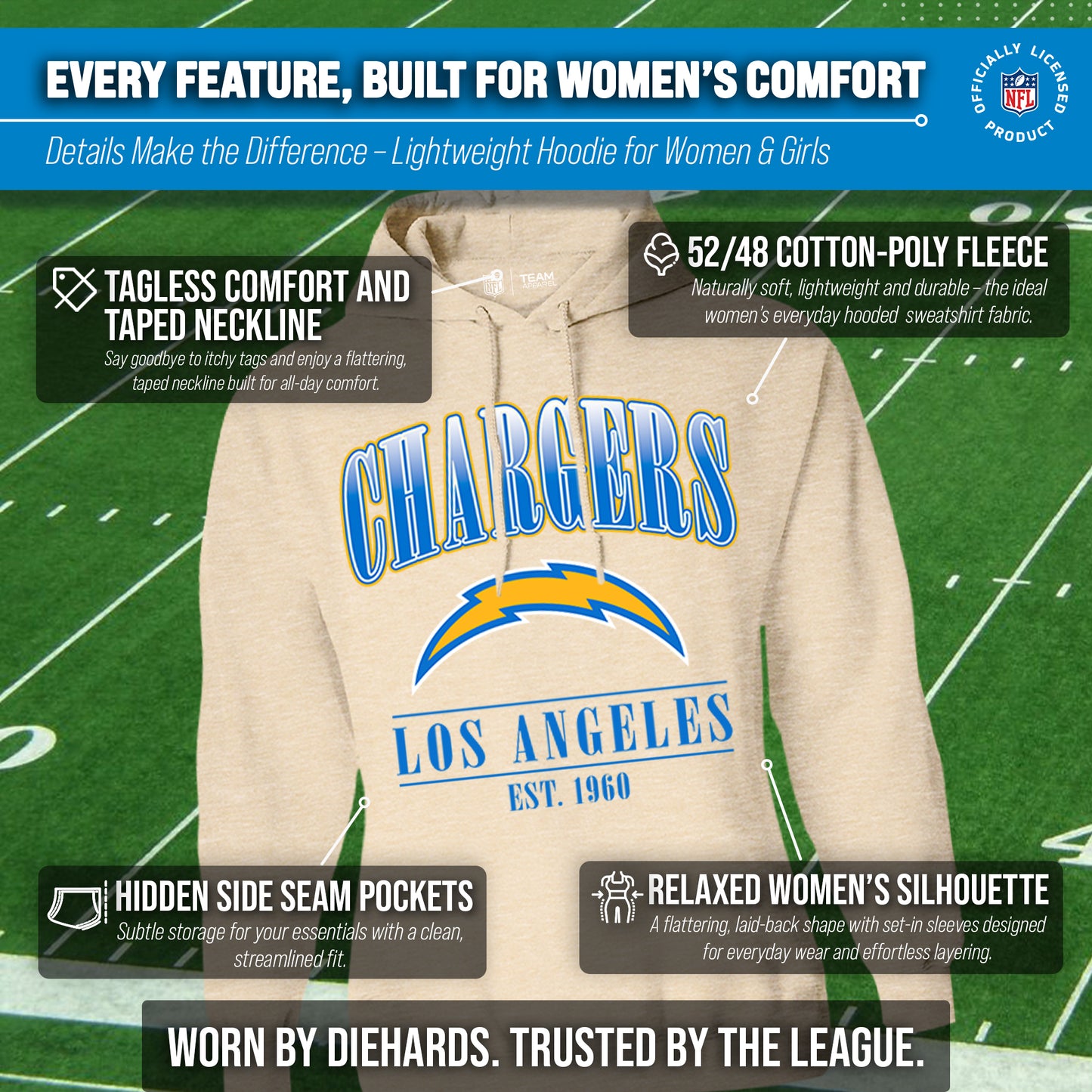 Los Angeles Chargers Team Fan Apparel NFL Women's  Starstruck Fleece Pullover Hoodie - Cream