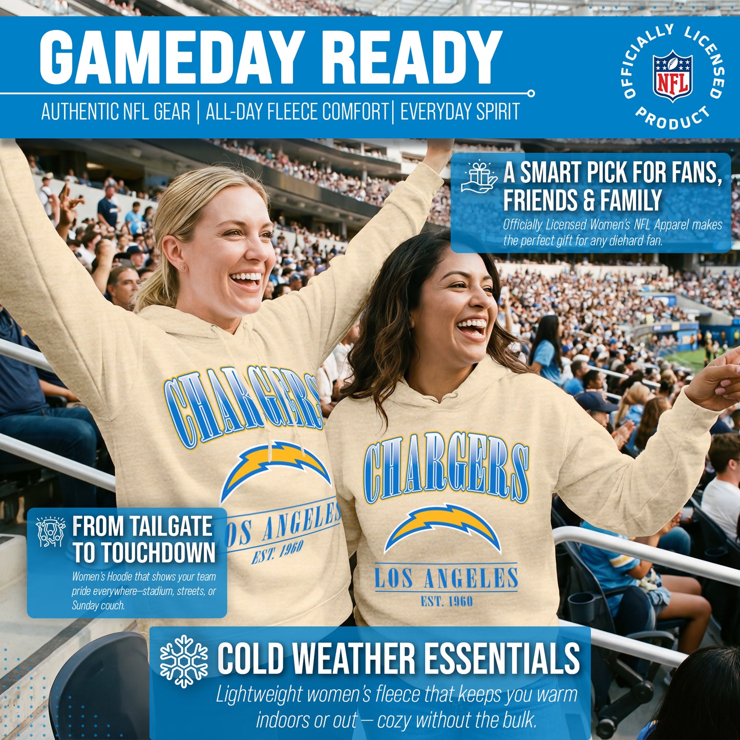 Los Angeles Chargers Team Fan Apparel NFL Women's  Starstruck Fleece Pullover Hoodie - Cream