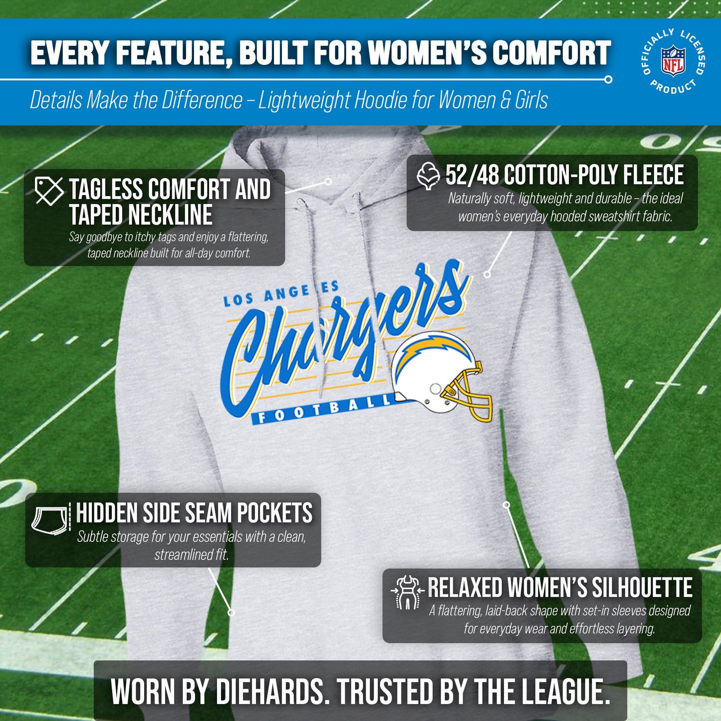 Los Angeles Chargers Ladies NFL Scrimmage Line Fleece Pullover Hooded Sweatshirt - Gray Heather