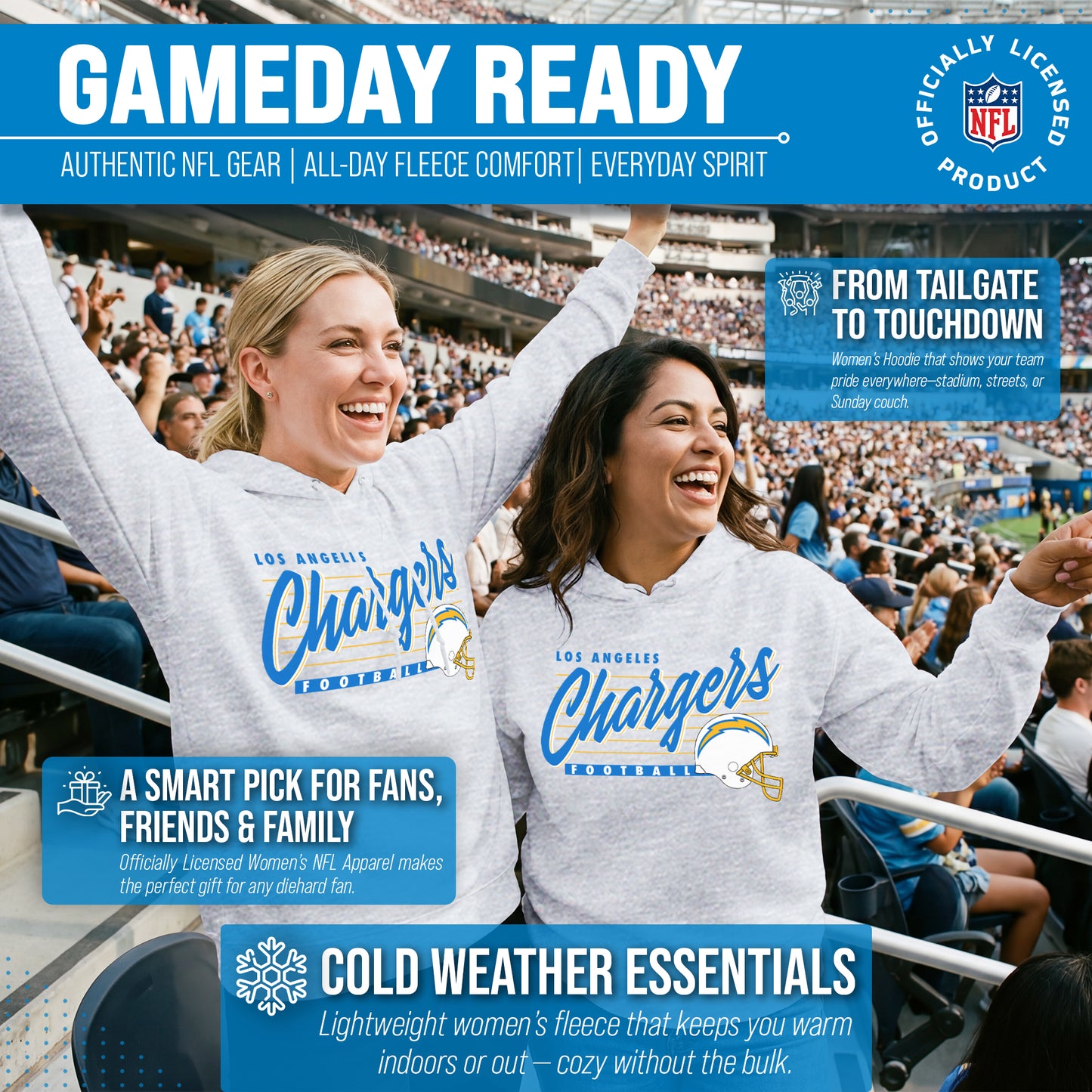 Los Angeles Chargers Ladies NFL Scrimmage Line Fleece Pullover Hooded Sweatshirt - Gray Heather