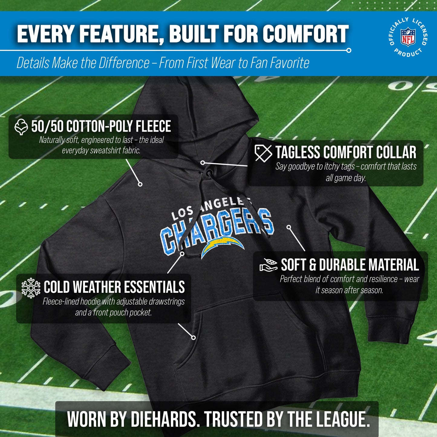 Los Angeles Chargers NFL Adult Unisex Starting Fresh Ultra Soft Fleece Hooded Sweatshirt - Black Heather