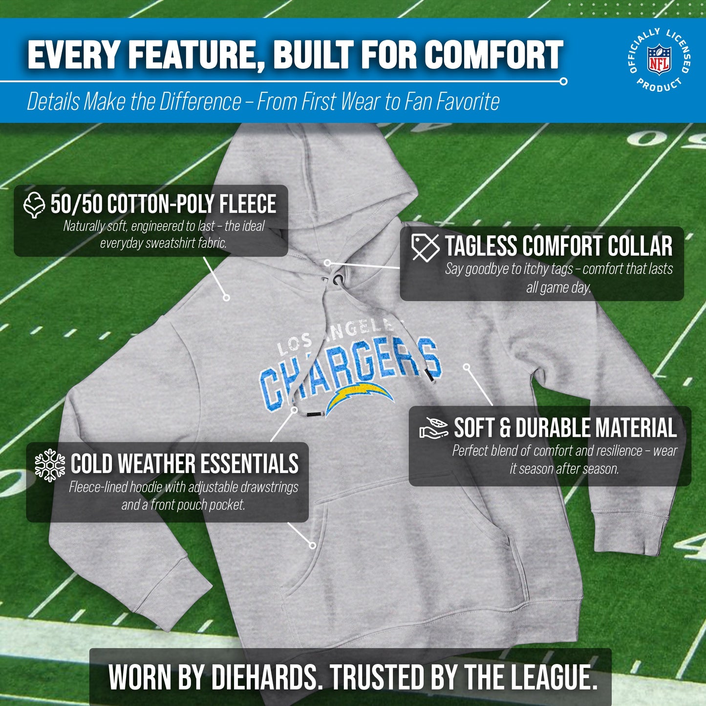 Los Angeles Chargers NFL Adult Unisex Starting Fresh Ultra Soft Fleece Hooded Sweatshirt - White