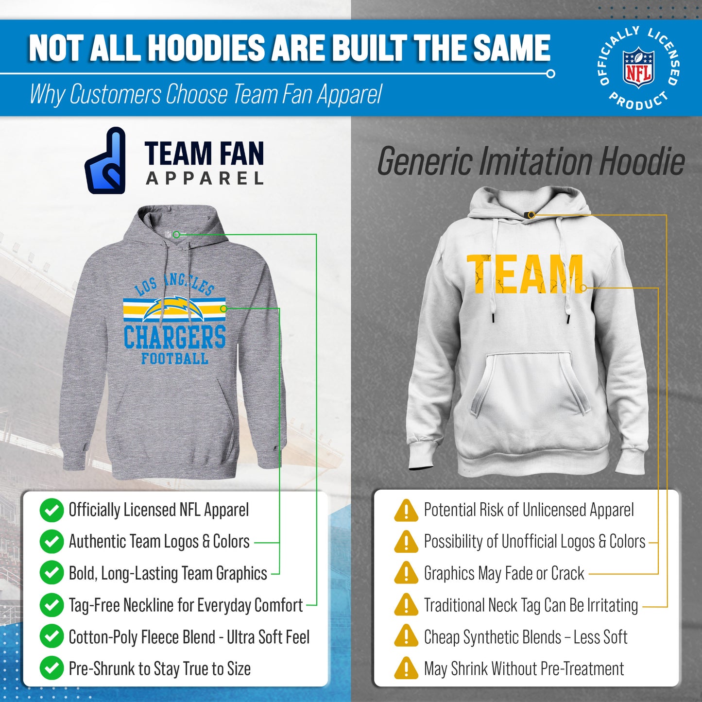 Los Angeles Chargers NFL Team Stripe Hooded Sweatshirt- Soft Pullover Sports Hoodie For Men & Women - Sport Gray
