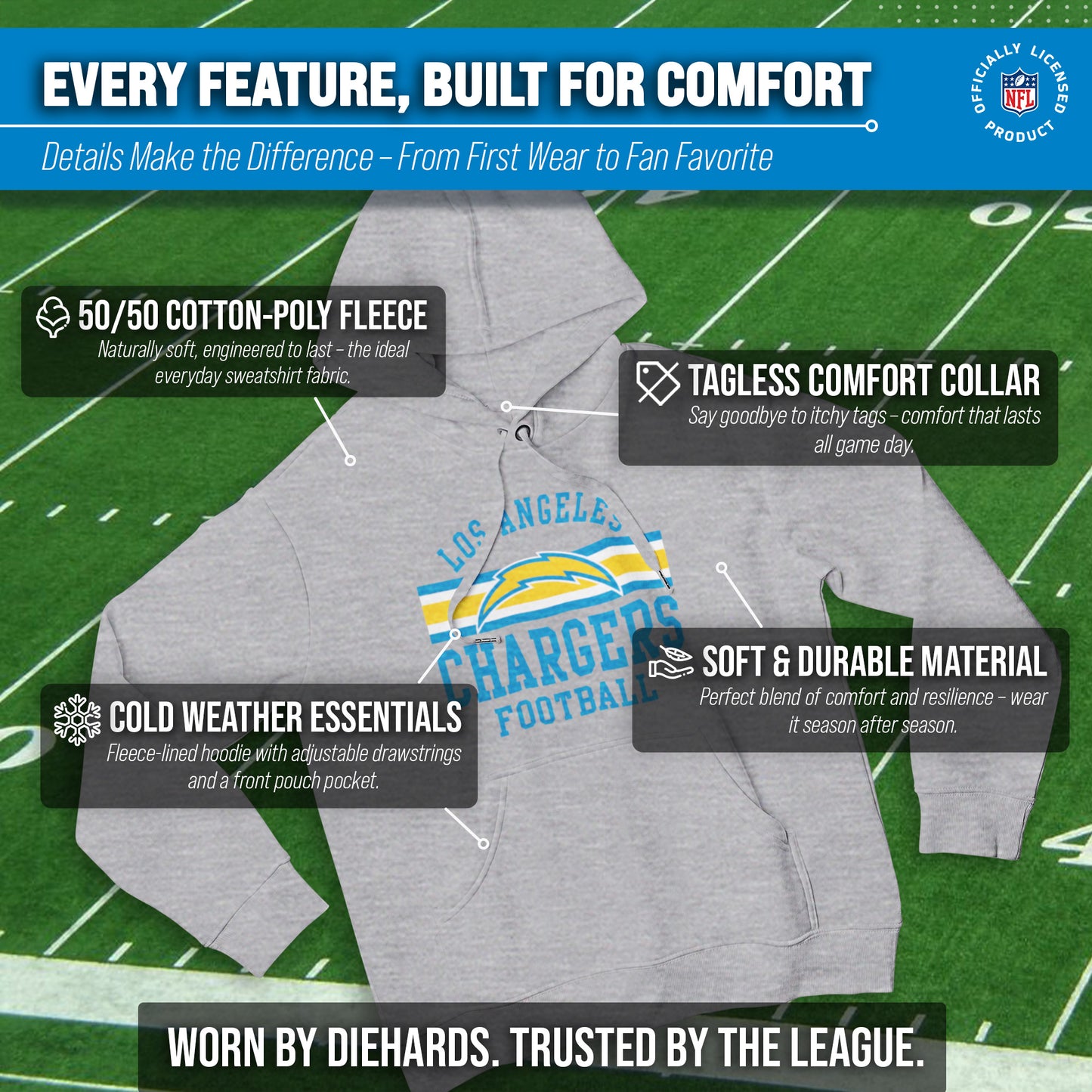 Los Angeles Chargers NFL Team Stripe Hooded Sweatshirt- Soft Pullover Sports Hoodie For Men & Women - Sport Gray