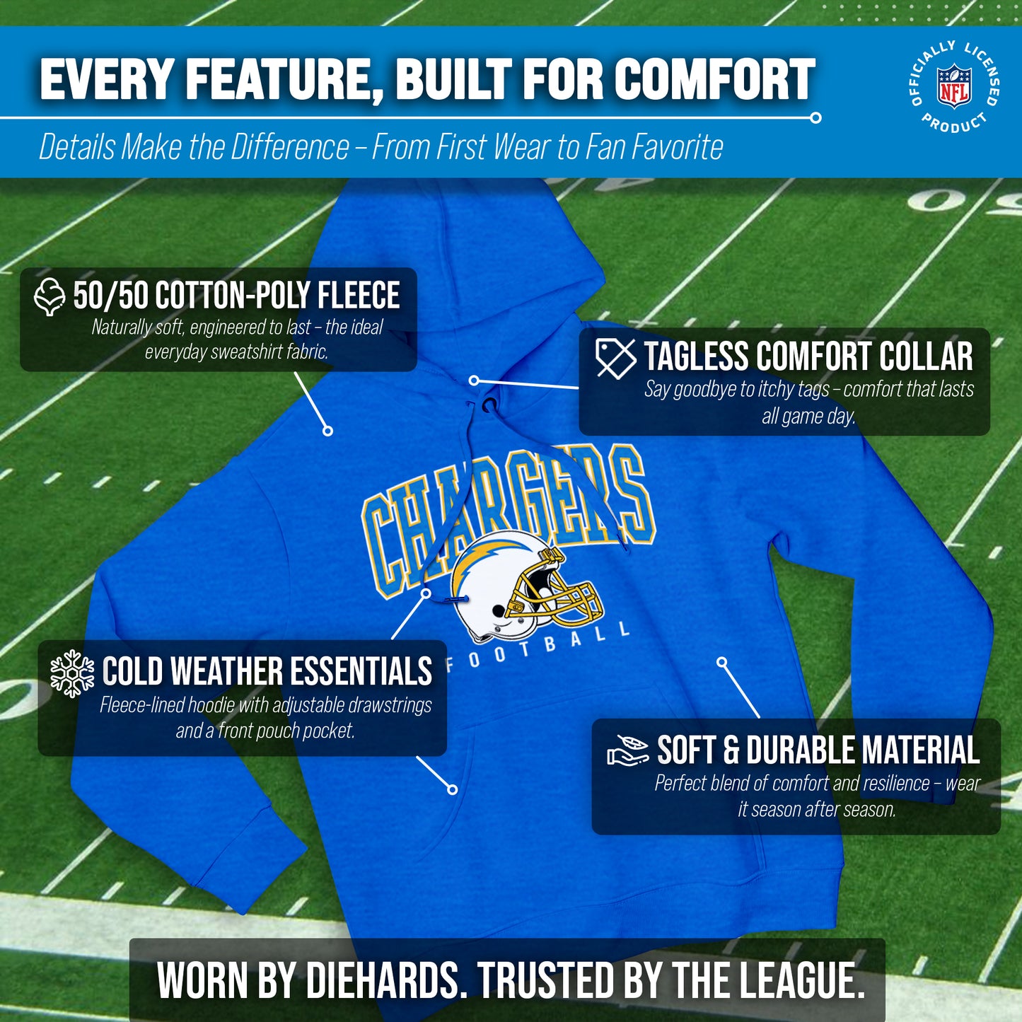 Los Angeles Chargers NFL Adult Unisex All Star Soft Fleece Hooded Sweatshirt - Blue Heather
