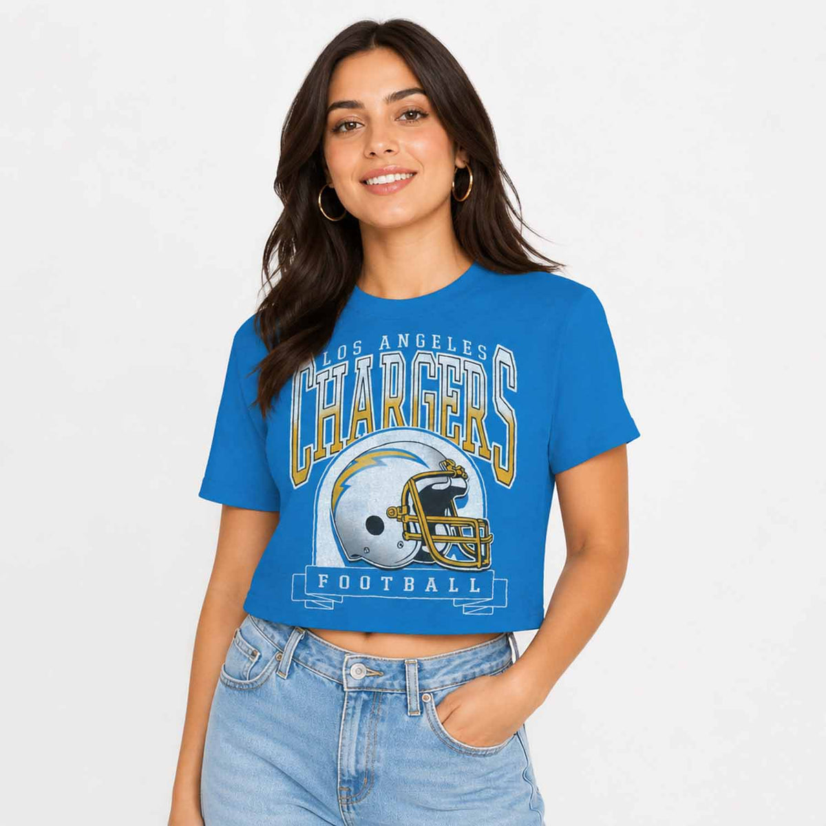 Los Angeles Chargers Junk Food NFL Women's Franchise Helmet Crop T-Shirt - Light Blue