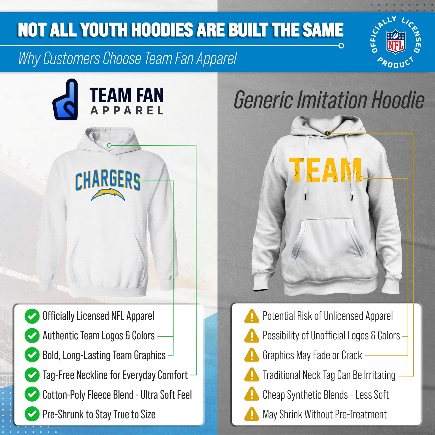 Los Angeles Chargers NFL Youth Home Team Hoodie- Kids Hooded Sweatshirt - White