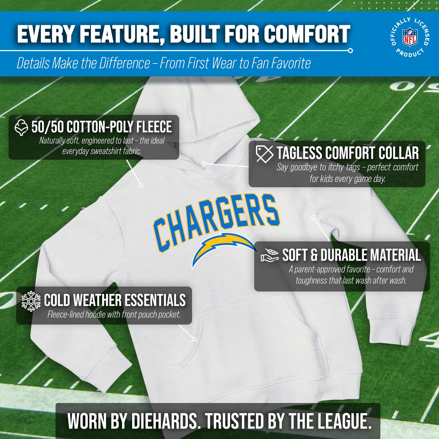 Los Angeles Chargers NFL Youth Home Team Hoodie- Kids Hooded Sweatshirt - White