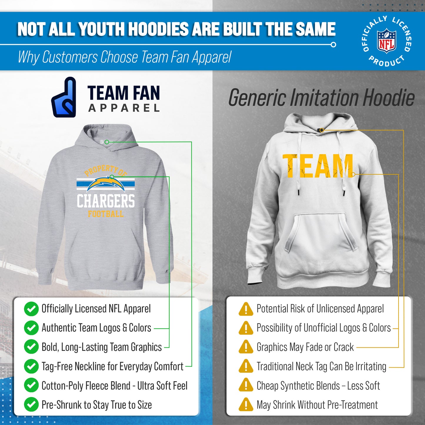 Los Angeles Chargers NFL Youth Property Of Hooded Sweatshirt - Sport Gray