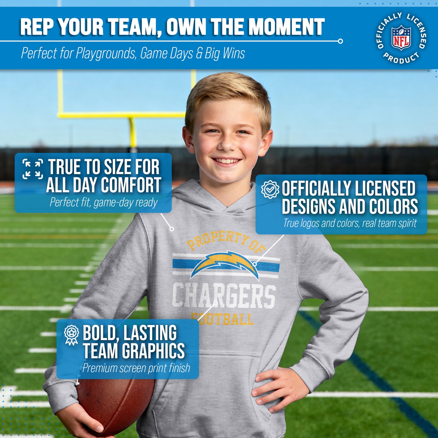 Los Angeles Chargers NFL Youth Property Of Hooded Sweatshirt - Sport Gray