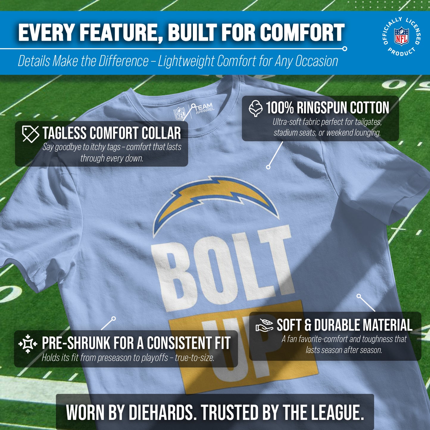 Los Angeles Chargers NFL Adult Team Slogan Unisex T-Shirt - Light Blue
