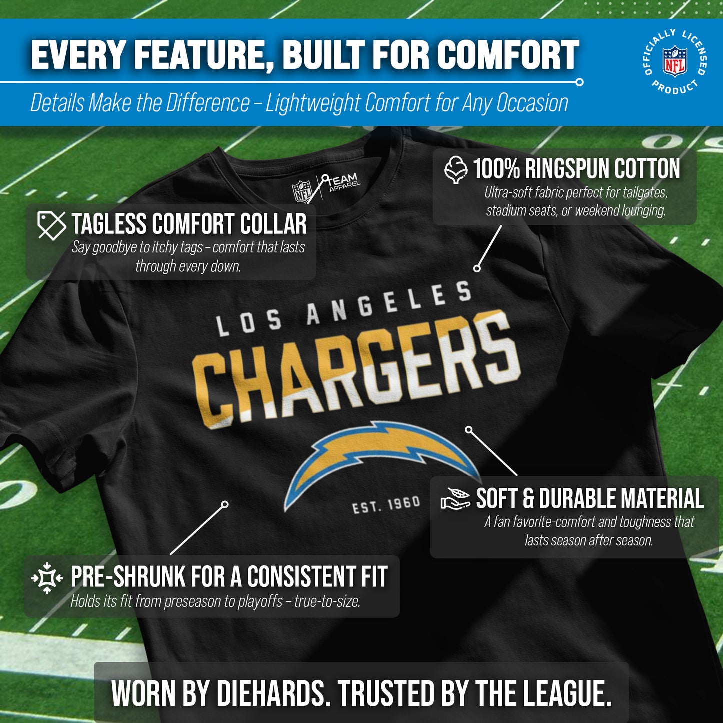 Los Angeles Chargers Adult NFL Diagonal Fade Color Block T-Shirt - Black