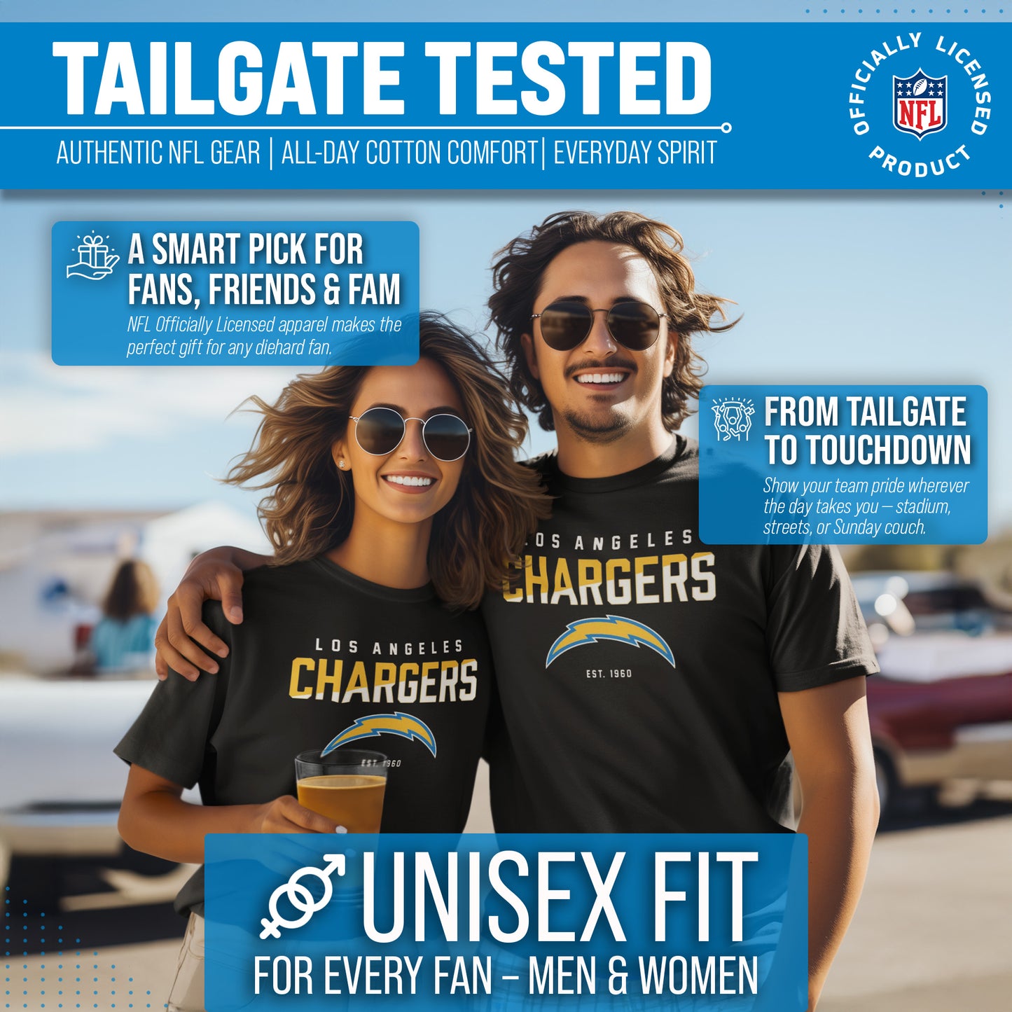 Los Angeles Chargers Adult NFL Diagonal Fade Color Block T-Shirt - Black