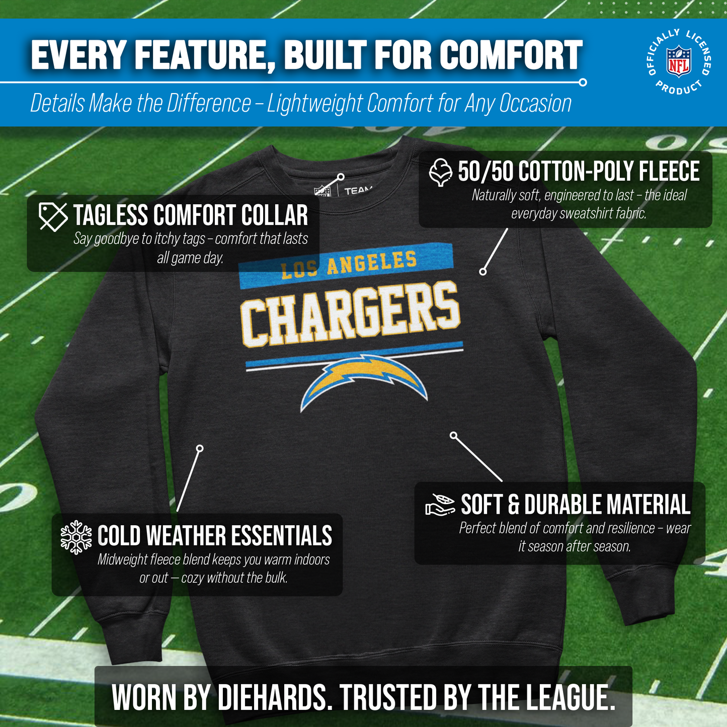 Los Angeles Chargers NFL Adult Long Sleeve Team Block Charcoal Crewneck Sweatshirt - Charcoal