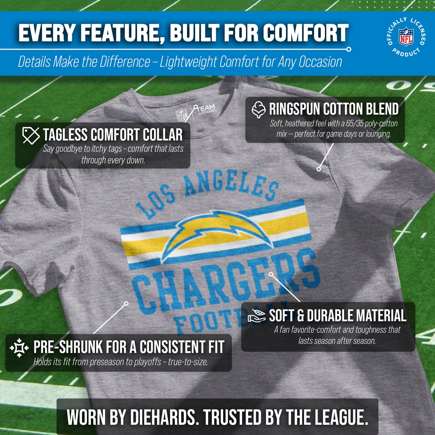 Los Angeles Chargers NFL Adult Short Sleeve Team Stripe Tee - Sport Gray
