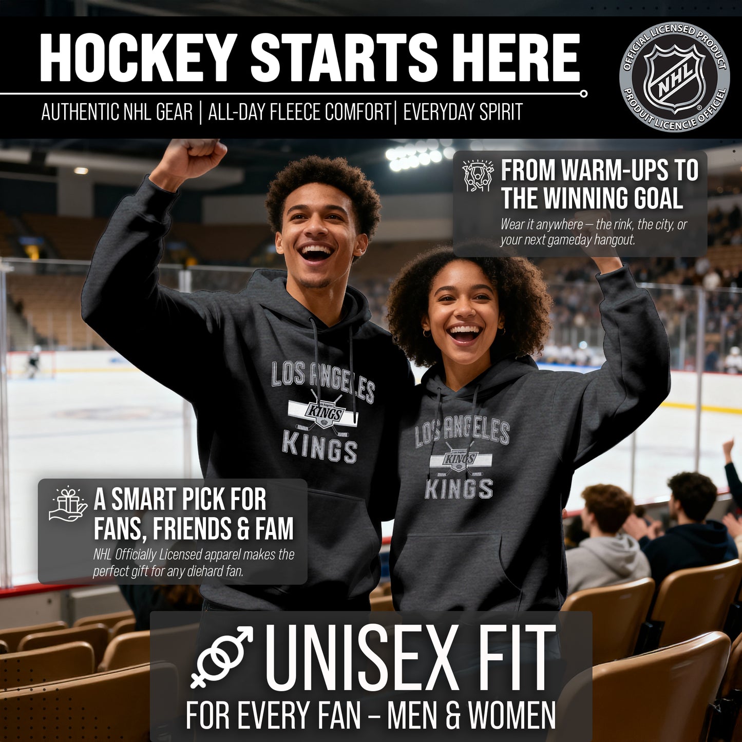 Los Angeles Kings Adult NHL Faceoff Hockey Fleece Hooded Sweatshirt- Jersey Stripe - Black