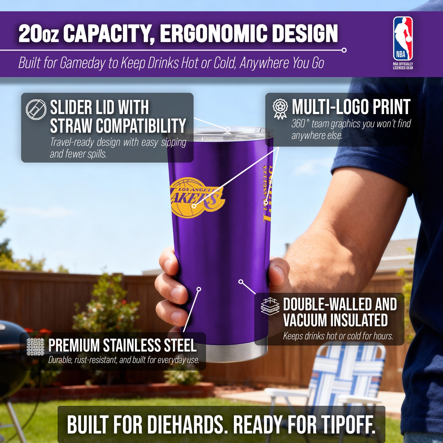 Los Angeles Lakers NBA Basketball 20oz Stainless Steel Vacuum Insulated Game Day Tumbler with Silicone Grip - Purple