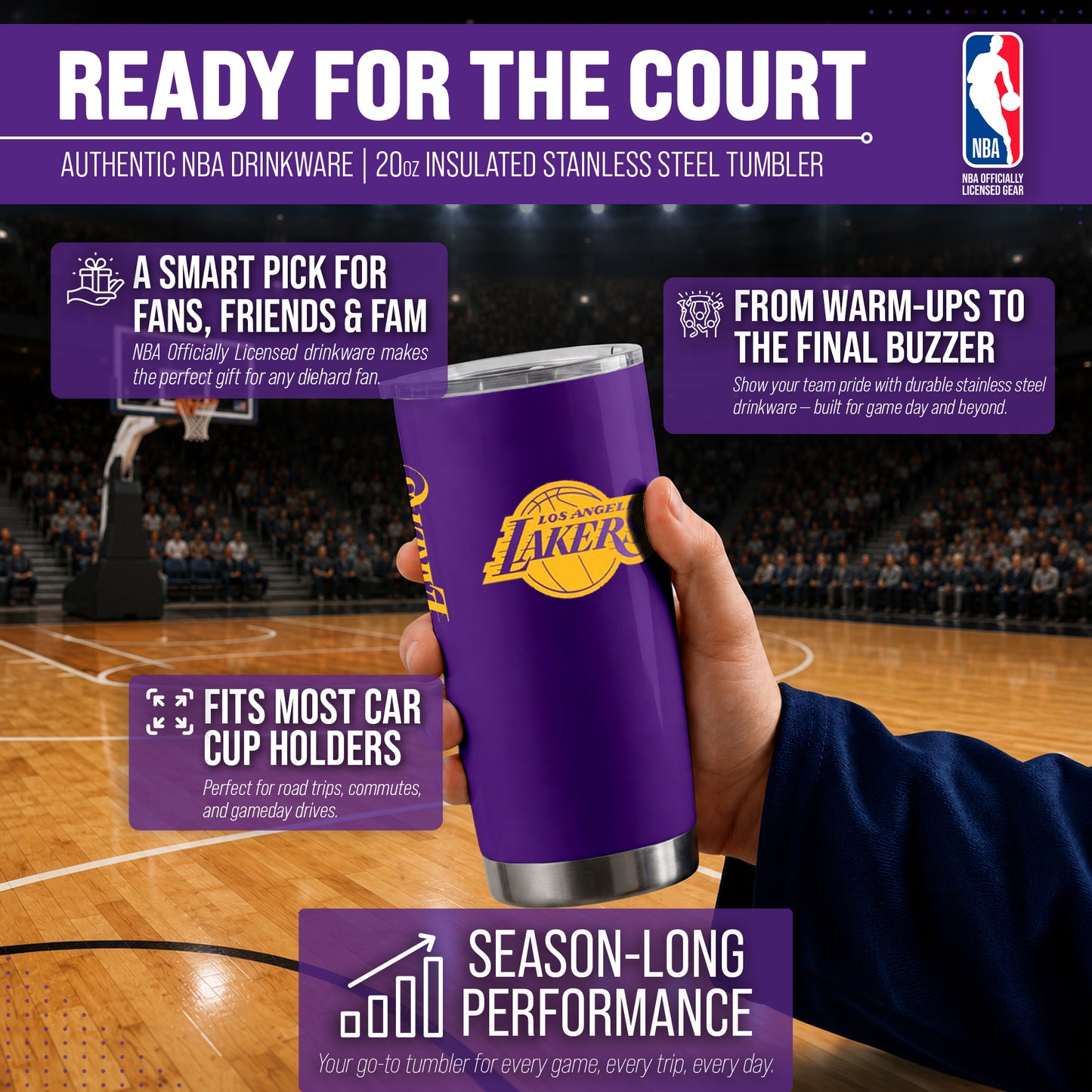 Los Angeles Lakers NBA Basketball 20oz Stainless Steel Vacuum Insulated Game Day Tumbler with Silicone Grip - Purple