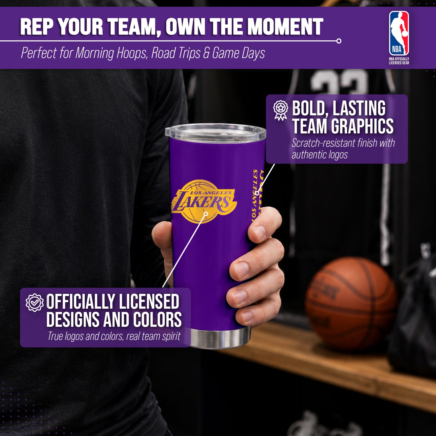 Los Angeles Lakers NBA Basketball 20oz Stainless Steel Vacuum Insulated Game Day Tumbler with Silicone Grip - Purple