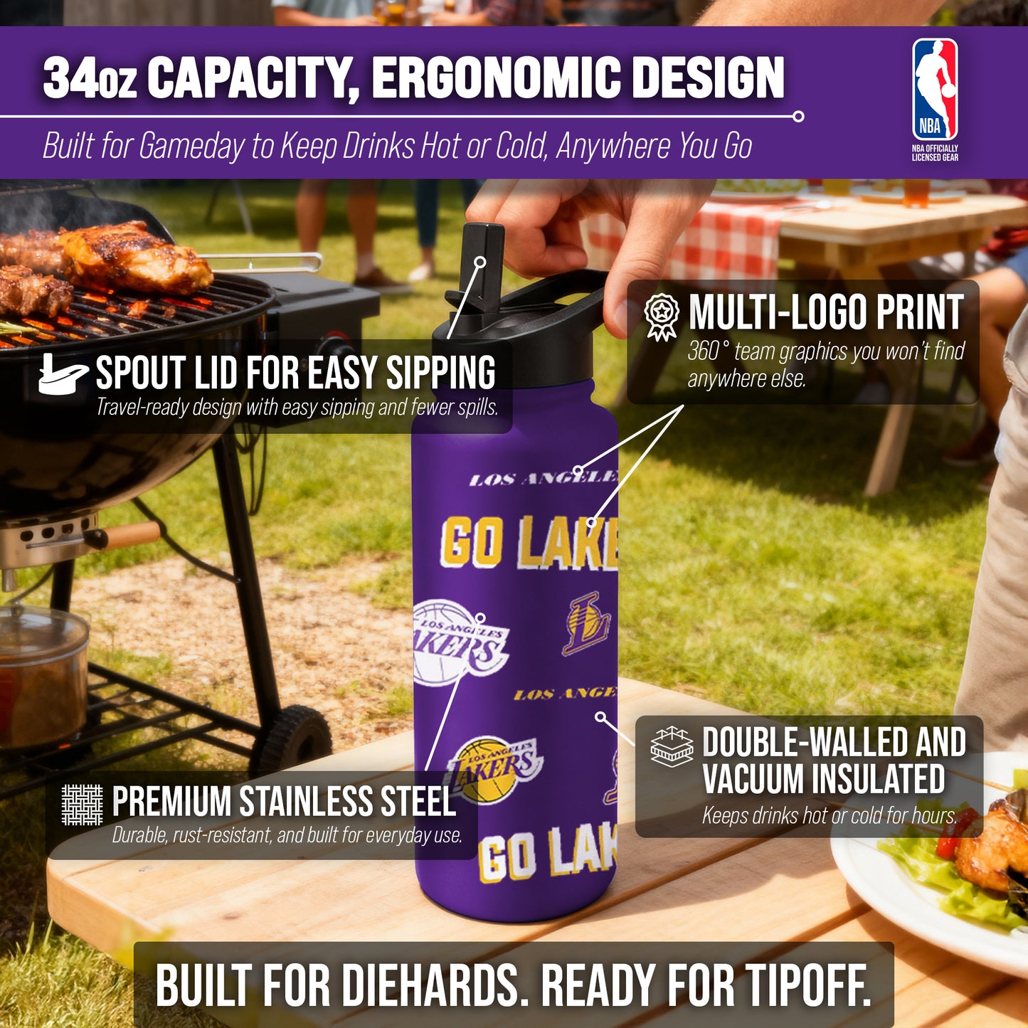 Los Angeles Lakers NBA Basketball 34oz Stainless Steel Vacuum Insulated Game Day Water Bottle with Flip Straw Lid and Handle - Purple